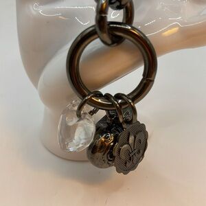 BAG CHARM KEY CHAIN - Bronze w/Clear Cut Heart, Filigree Heart & Flueur De Lis